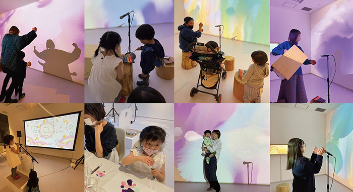 渋谷ヒカリエ・デジタルアート展『光と映像 – 混ざり合う音/共鳴し融合する木箱』の会場風景